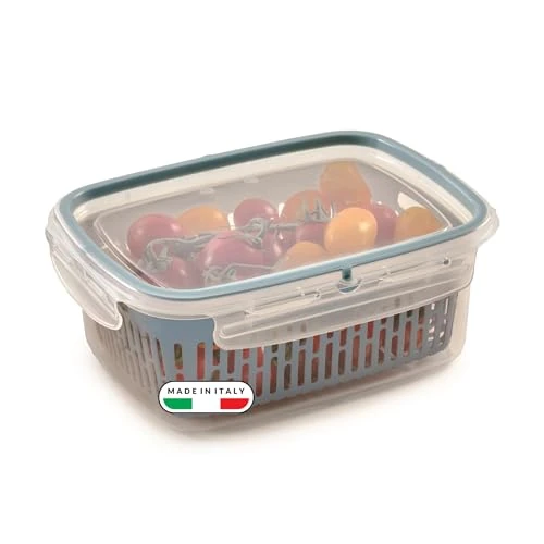 Snips Veggie SnipsLock 1.80 L Contenedor de Alimentos Rectangular con Cesta Extraíble, 4 Cierres de Seguridad, Junta de Conservación de Frescura, Color Azul, 22.5 x 17.7 x 9 cm, Made in Italy