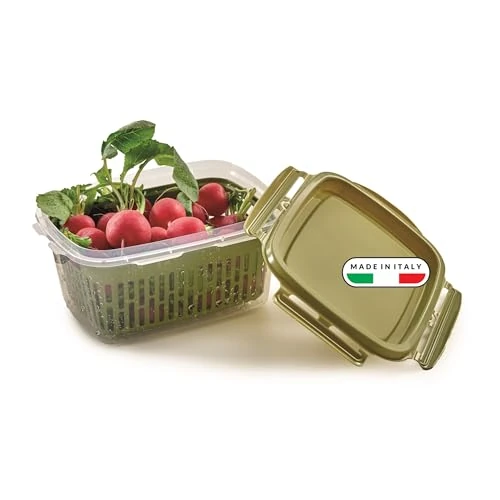 Snips Veggie SnipsLock 1.2 LT Rectangular Food Container with Removable Basket, 4 Safety Closures, Freshness Seal, Green, 18.4 x 14 x 9 cm, Made in Italy