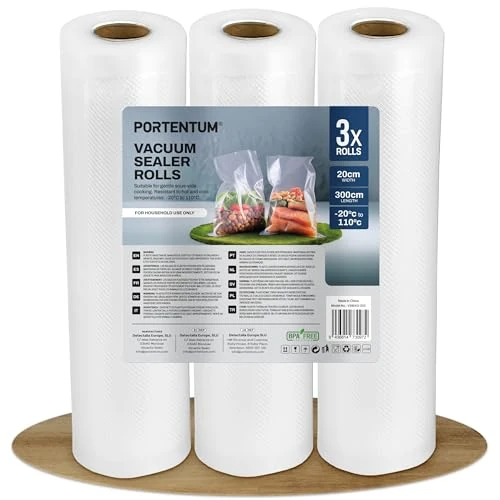 PORTENTUM Sacchetti Sottovuoto Alimneti, 3 rotoli 20 x 300 cm (totale 9 m) Sacchi commerciali per conservazione alimenti e cottura Sous Vide