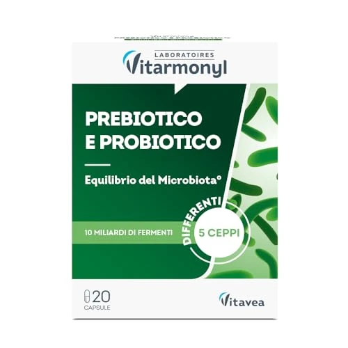 Offerta a tempo: Prebiotico e Probiotico - 5 Ceppi di Fermenti Lattici Probiotici con Estratto di Cicoria - Pancia Piatta - Per il Benessere Intestinale - 20 Capsule - Vitarmonyl - 38% da 9.90 € a 6.18 €