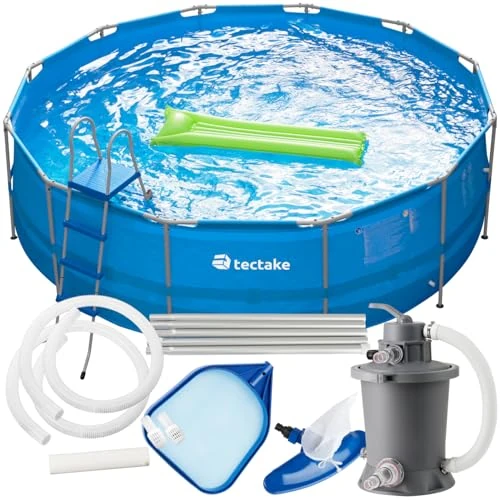 Offerta a tempo: tectake® Set Completo Piscina da Giardino con Struttura in Acciaio, Fuori Terra per Esterni con Accessori - Ø 450 cm - Blu - 0.00% da 329.90 € a 329.90 €