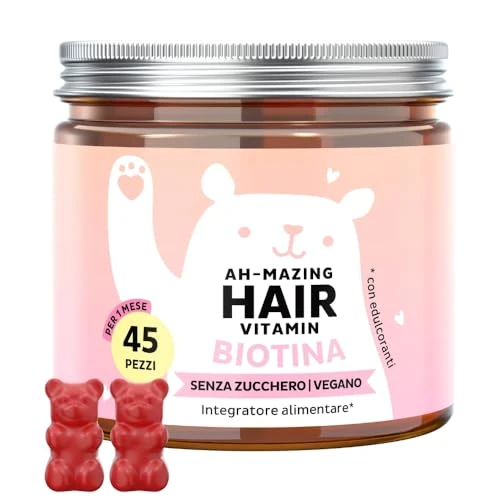 Offerta a tempo: Caramelle Gommose Biotina Ah-mazing Hair – Vitamine per Capelli, Pelle e Unghie – 5000µg di Biotina (B7), Zinco, Vitamine B6, B9, C, E – 45 Pezzi, Vegane, Senza Zucchero, Bears with Benefits - 30% da 18.70 € a 13.00 €