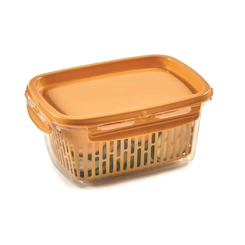 Snips Veggie SnipsLock 1.2 LT Rectangular Food Container with Removable Basket, 4 Safety Closures, Freshness Seal, Mustard, 18.4 x 14 x 9 cm, Made in Italy