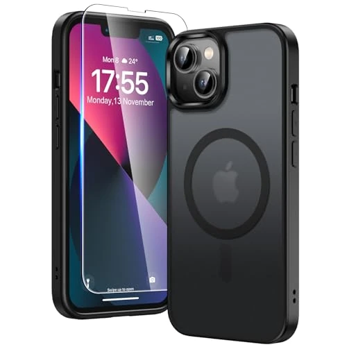 TAURI Cover per iPhone 13/iPhone 14 con Pellicola in Vetro Temperato,[Compatibile con MagSafe] Magnetica Custodia per Sottile Anticaduta - Nero Opaco