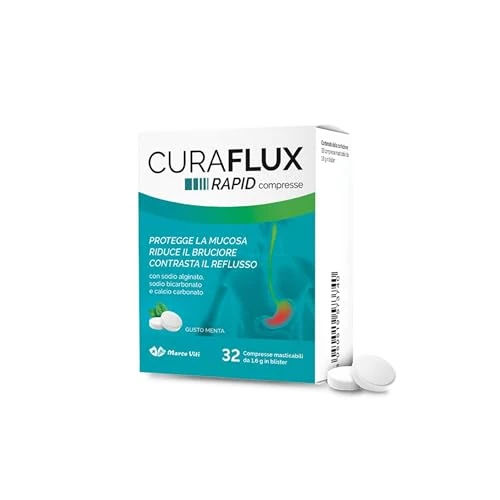 Marco Viti CURAFLUX RAPID Compresse Masticabili 32 pz – Con Sodio Alginato, Bicarbonato e Calcio Carbonato, Sollievo Rapido da Reflusso, Bruciore, Iperacidità, Gusto Menta, Ideale per Digestione