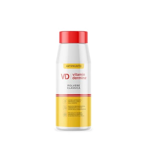 VITAMINDERMINA Poudre classique protectrice 100 g - Avec amidon de maïs, oxyde de zinc et vitamine F - Contre la transpiration et les mauvaises odeurs - Rafraîchit et protège la peau. Pour adultes et