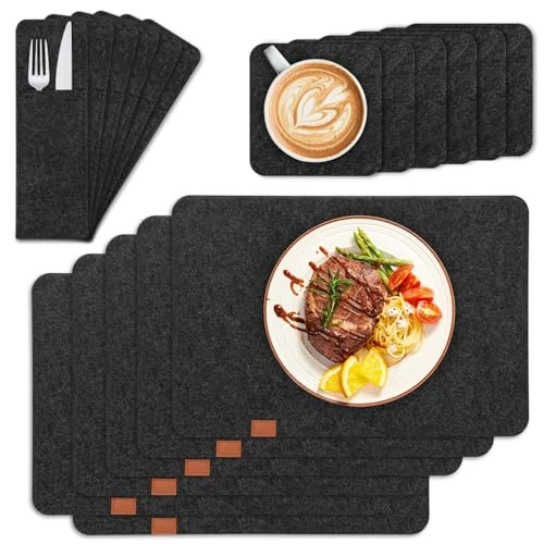 BBWELL 18-delige set Wasbare vilten placemats – antislip tafelmatten met 6 placemats,6 vilten onderzetters en 6 bestekzakjes – Hittebestendig,Antislip,Onderhoudsvriendelijk – Antraciet,43x29 cm