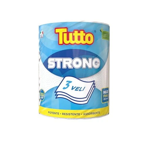 All Strong 1 rouleau de papier multi-usage extra résistant, 250 déchirures, 3 voiles, idéal pour le nettoyage et le séchage, 100% fabriqué en Italie