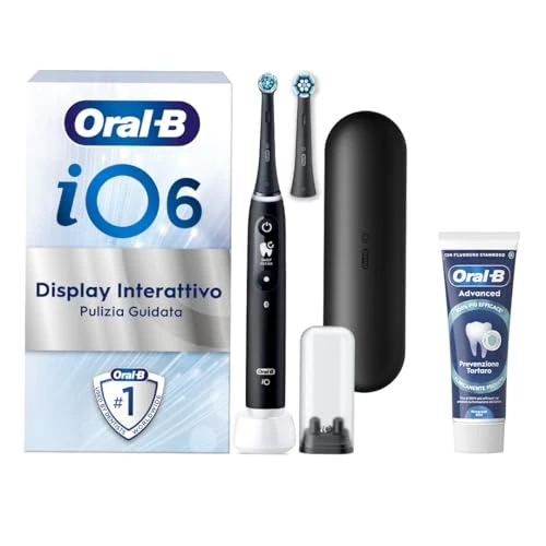 Oral-B Rechargeable Electric Toothbrush iO 6N Black, 1 Electric Toothbrush, 2 Replacement Heads, Travel Case + 1 Oral-B Advanced Tartar Prevention Toothpaste, Teeth Cleaning