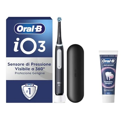 Oral-B Rechargeable Electric Toothbrush iO 3 Black, 1 Electric Toothbrush, 1 Replacement Head, Travel Case + Oral-B Advanced Gum Protection, Effective Teeth Cleaning