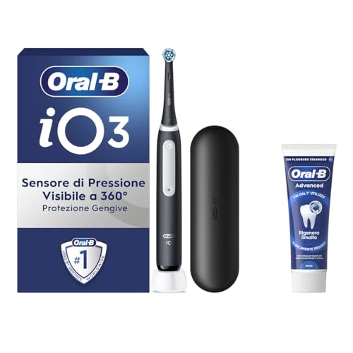 Oral-B Rechargeable Electric Toothbrush iO 3 Black, 1 Electric Toothbrush, 1 Replacement Head, Travel Case + Oral-B Advanced Toothpaste Regenerates Enamel, Effective Teeth Cleaning