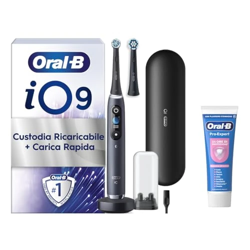 Oral-B Cepillo de dientes eléctrico recargable iO 9N blanco, 1 cepillo de dientes eléctrico, 2 cepillos de repuesto, estuche de viaje con cargador + pasta de dientes Oral-B Pro-Expert, limpieza dental