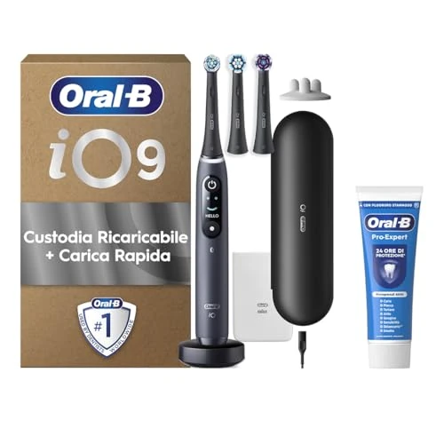 Oral-B Brosse à dents électrique rechargeable iO 9 noir, 1 brosse à dents électrique, 3 brosses de rechange, étui de voyage avec chargeur + dentifrice Oral-B pro Expert - Nettoyage efficace des dents