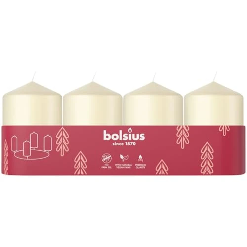 Bolsius Smooth Pillar Candles - Set of 4 -Ivory - 60 x 40 mm - Decorative Candles - Long Burning Time - Unscented - with Natural Plant Wax - Without Palm Oil