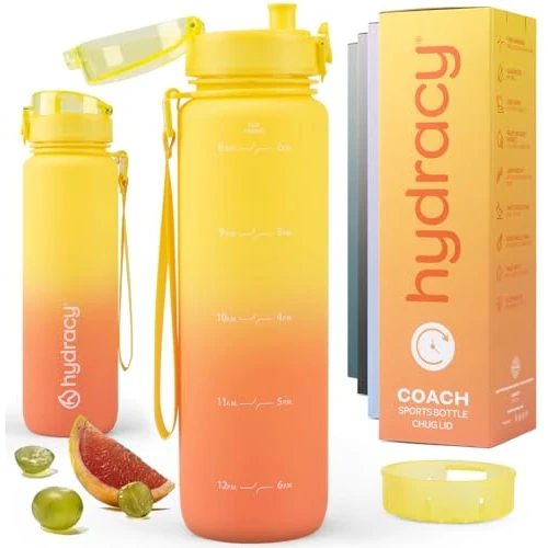 Hydracy Trinkflasche mit Fruchteinsatz - 1L Wasserflasche - BPA-freie Trinkflasche mit Zeitmarkierung Auslaufsichere Sportflasche - Kondensationsfrei für Sport und Outdoor - Farbverlauf Gelb Koralle