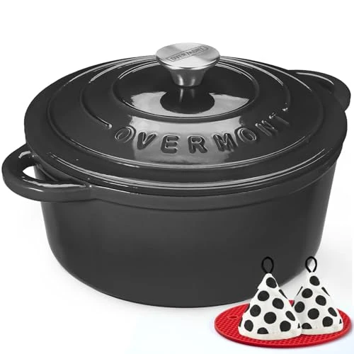 Offerta a tempo: Overmont Casseruola in Ghisa Smaltata - Antiaderente Forno Olandese con Coperchio - Ø26 cm Rotonda Cocotte per Adatto a Piani di Cottura e Forni a Induzione - Grigio grafite - 14% da 67.99 € a 58.21 €