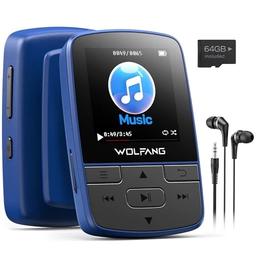 Odtwarzacze MP3 WOLFANG 64 GB z Bluetooth 5.3, klips sportowy, miniaturowy rozmiar, waga 1 uncji, HiFi, radio FM, dyktafon, słuchawki w zestawie