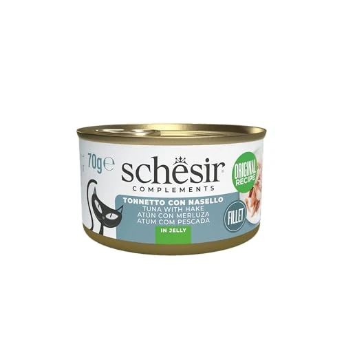 Schesir, Filetes de Atún con Merluza en Gelatina, Comida Húmeda Complementaria para Gatos, en Latas, Receta Original, 100% Natural, 12 x 70g