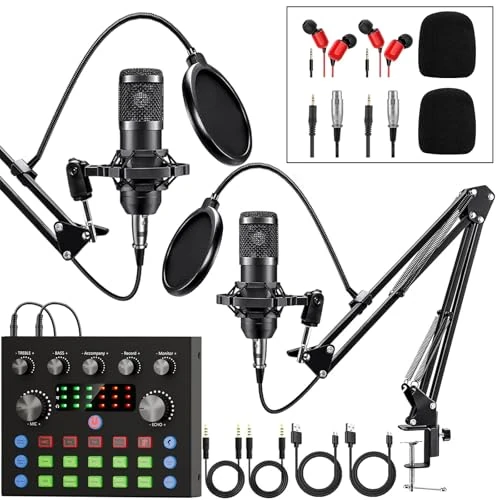 Podcast Equipment Bundle for 2 with Audio Interface & Condenser Mic, All-in-One Audio Mixer Perfect for Live Streaming, Singing, YouTube, Gaming