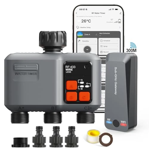 Offerta a tempo: johgee Timer Irrigazione WiFi 3 Vie con Tecnologia RF 300M, Centralina Irrigazione WiFi, Compatibile con Alexa & App, Temporizzatore Irrigazione con 2 modalità & Ritardo Pioggia per Giardino, Prato - 0.00% da 79.99 € a 79.99 €