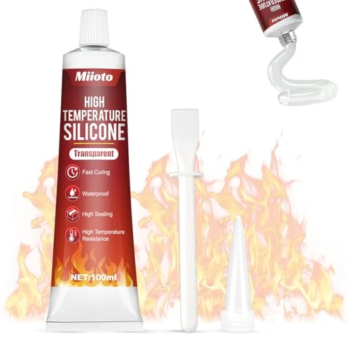 Miioto Klej wysokotemperaturowy, silikon do pieca wysokotemperaturowego, uszczelniacz wysokotemperaturowy nadaje się do wysokotemperaturowego uszczelniania kominków, kominków i grilla, przezroczysty