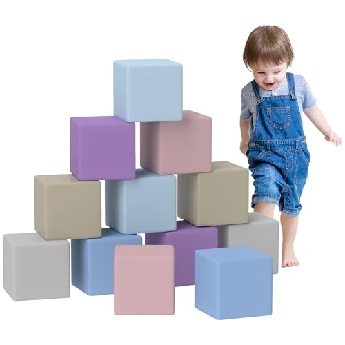HOMCOM Set van 12 zachte speelgoeddobbelstenen voor kinderen van 12-36 maanden, schuimblokken voor kinderen, zachte constructie van PU en EPE, 20 x 20 x 20 cm, lichtkleuren