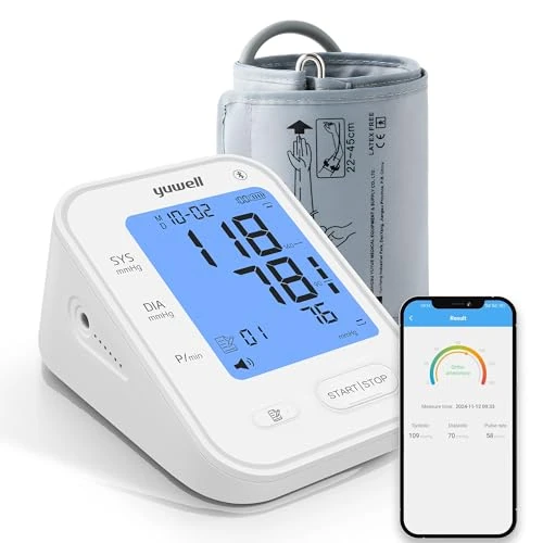 yuwell Upper Arm Blood Pressure Monitor Large Cuff for 22-45 cm with Bluetooth Transmission, Voice Transmission, Backlit Display, Rechargeable Battery (YE650AR)