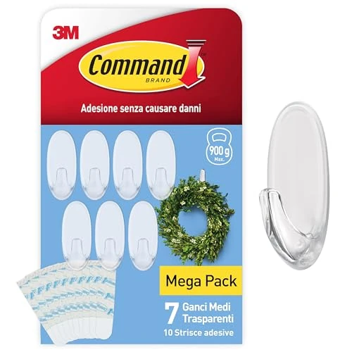 Offerta a tempo: Command Ganci ovali trasparenti medi con linguette trasparenti, set di 7 ganci e 10 linguette, per appendere e decorare senza rovinare - 40% da 10.99 € a 6.60 €