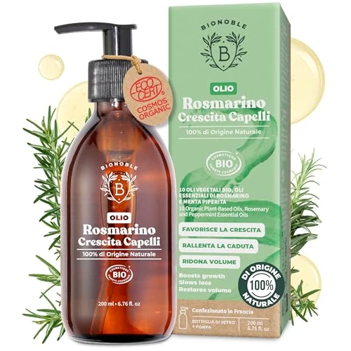 Offre limitee: BIONOBLE Huile de Romarin pour Cheveux Bio - Favorise la Pousse et Ralentit la Chute - Huile Romarin Cheveux, Ricin, Argan, Jojoba - Rosemary Oil for Hair Growth - Flacon Verre avec Pompe - 200ml de 29.98 EUR a 25.48 EUR (economie 15%)