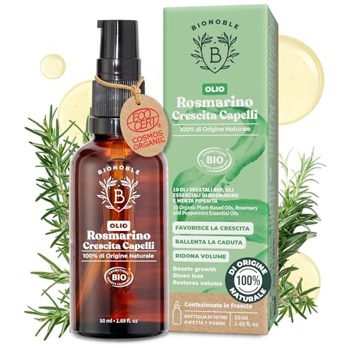Limitiertes Angebot: BIONOBLE Rosmarinöl Haare Bio - Fördert Haarwachstum, Verlangsamt Haarausfall, Kopfhaut Öl - Hair Oil mit Rosmarin Öl und Rizinusöl - Rosemary Oil for Hair Growth - Glasflasche, Pipette, Pumpe - 50ml von 13.98 EUR auf 11.88 EUR (Spare 15%)