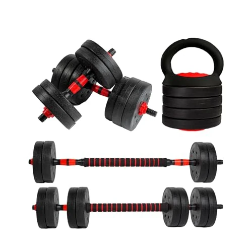 unycos - Adjustable Dumbbells with 20 kg Discs 【E-Book with 50 Exercises】Pair of Weights, Connecting Bar for Training, Kettlebells and Support for Pushups, Home Gym (Red Transformer)