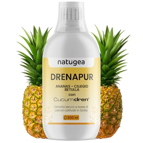 Offerta a tempo: Natugea Drenapur Liquido - Bromelina Forte Drenante Anticellulite, Depurativo Fegato, Migliora il Microcircolo e Riduce il Gonfiore, con Ananas, Ciliegio e Betulla, 500 ml, Vegana, Made in Italy - 13% da 24.90 € a 21.65 €