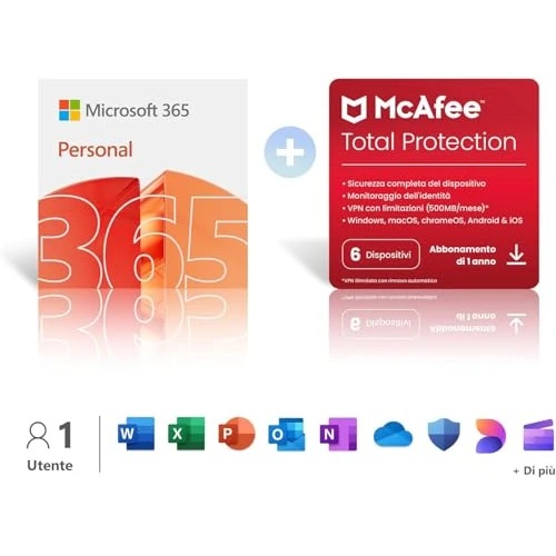 Offerta a tempo: Microsoft 365 Personal | 12 mesi | 1 persona | 1 TB di spazio di archiviazione Onedrive| App Office con AI + McAfee Total Protection | 6 Dispositivi │ 5 utenti │ Codice d'attivazione via email - 60% da 188.95 € a 75.24 €