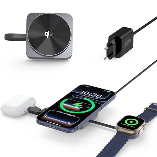RoRoSkin Qi2 certifié Chargeur Induction 15W sans Fil 4 en 1, Station de Charge inductive per iPhone Serie 17/16/15/14/13/12, Apple-Watch Air-Pods, Bloc d'alimentation USB-C 30W et câble de Charge