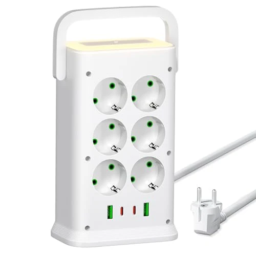 12 Fach Mehrfachsteckdose mit 4 USB und Licht,16 IN1 Steckdosenleiste mit Schalter Steckerleiste Überspannungsschutz Steckdosenturm Verlängerungskabe 2m für Zuhause,Büro