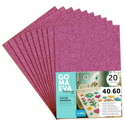 m-office Plaques de Mousse EVA Colorées pailletée 40x60cm, Feuilles de Mousse à Découper, Mousse Pailleté, Idéal pour Loisirs Créatifs, Scrapbooking, École ou Activités Manuelles (Magenta, 20 uds)