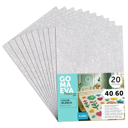 m-office Moosgummi Platten mit Glitzer 40x60cm, Bunte EVA Foam Bastelplatten für Kinder, DIY, Schule, Deko & Kunstprojekte – Ideal als Bastelpapier, Moosgummi mit Glitzer (Weiß, 20 uds)