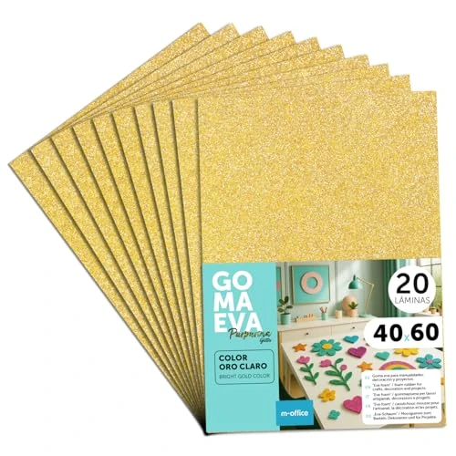 m-office Moosgummi Platten mit Glitzer 40x60cm, Bunte EVA Foam Bastelplatten für Kinder, DIY, Schule, Deko & Kunstprojekte – Ideal als Bastelpapier, Moosgummi mit Glitzer (Hellgold, 20 uds)