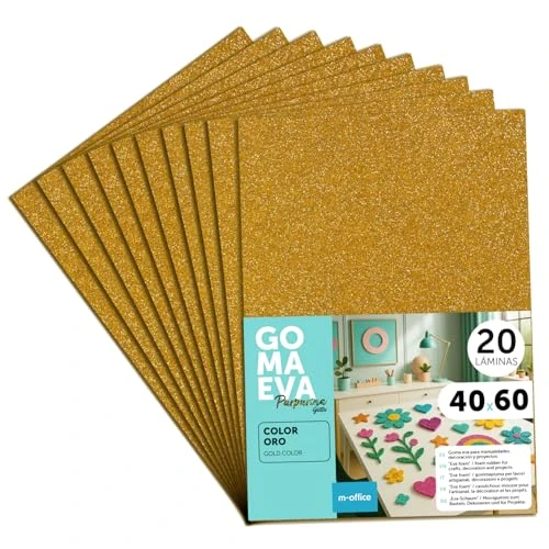 m-office Kolorowe brokatowe arkusze gumki EVA, cętkowana guma do scrapbookingu, szkoły, kreatywnych kart, rzemiosła, ciasta scenicznego, szkoły lub projektów artystycznych 40 x 60 cm (złoty, 20uds)