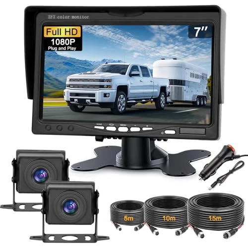 Kairiyard Dual Backup Camera Set with 7 Inch Monitor, AHD 1080P, 2 Channel, DIY Guide Lines 150 Degree Wide View Angel Wired Reverse Rear View Camera for Truck Car Trailer Camper.