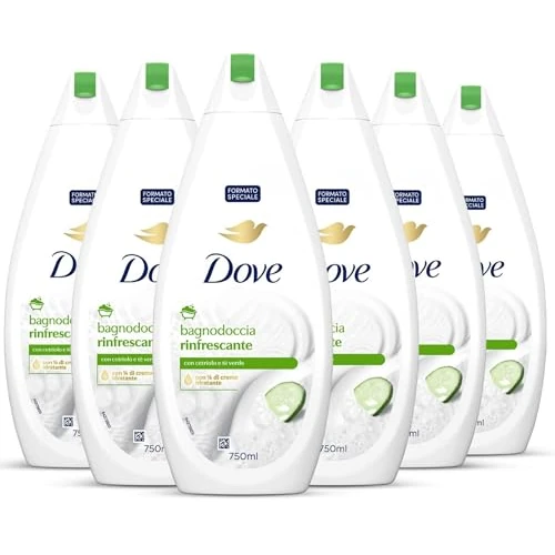 Dove Docciaschiuma Rinfrescante, Idratante Dermo-Naturale, Cetriolo e Tè Verde, 1/4 Crema Idratante, Dermatologicamente Testato, Bagnoschiuma Uomo e Donna, 100% Bottiglia Riciclata* 6 Pezzi x 750 ml