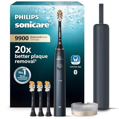 Philips Sonicare DiamondClean 9900 Prestige Electric Toothbrush with SenseIQ Technology and App, 5 Cleaning Modes, 3 Intensity Levels, Charging Case, Dark Blue, Model HX9992/45