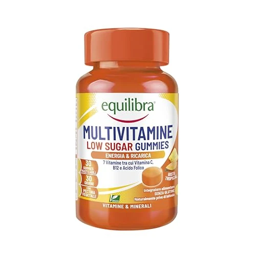Offerta a tempo: Equilibra, Multivitaminico in Gummies Low Sugar, Pastiglie Gommose, Vegan, Integratore Energia, 7 Vitamine, Vitamina C, B12 e Acido Folico, a Base di Pectina, Senza Glutine, Gusto Tropical, 30 Gummies - 20% da 9.90 € a 7.92 €