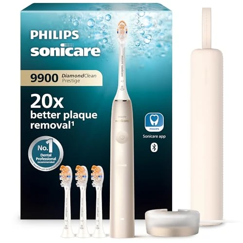Philips Sonicare DiamondClean 9900 Prestige Electric Toothbrush with SenseIQ Technology and App, 5 Cleaning Modes, 3 Intensity Levels, Travel Charging Case, Champagne, Model HX9992/44