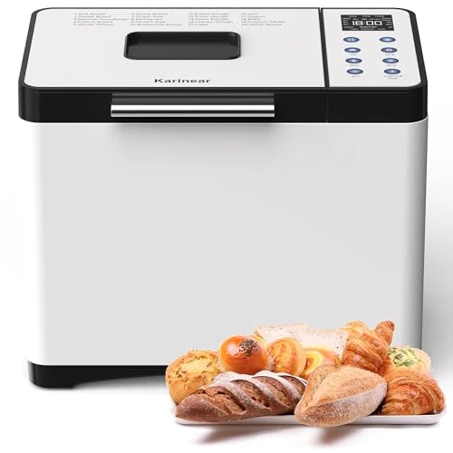 Limitiertes Angebot: Karinear Brotbackmaschine, 20 Programmfunktion Brotbackautomat mit Handschuhen, 15-Stunden-Zeitvorwahl, 2LB Edelstahl Brotbackautomat mit 3 Laibgrößen und Krustenfarben, Weiß von 129.99 EUR auf 99.00 EUR (Spare 24%)