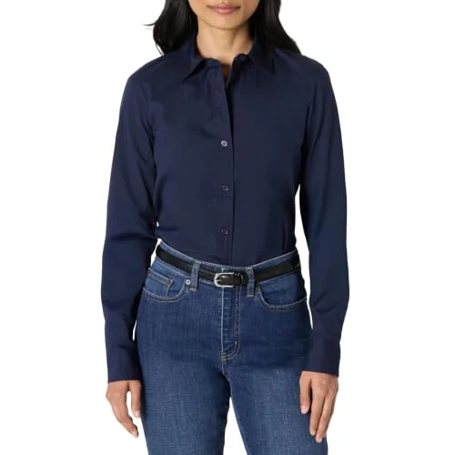 Offre limitée : Amazon Essentials Chemise Habillée et Boutonnée en Popeline Extensible Femme, Bleu Marine, XL de 21.00 € à 21.00 € (0.00% de remise)
