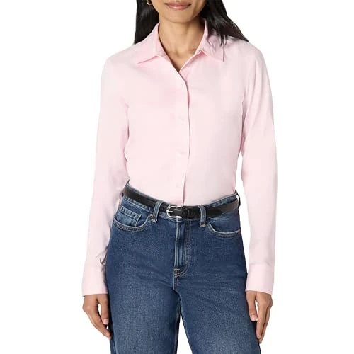 Amazon Essentials Camicia Elegante dalla Vestibilità Aderente con Bottoni, in Popeline Elasticizzato Donna, Rosa Chiaro, L