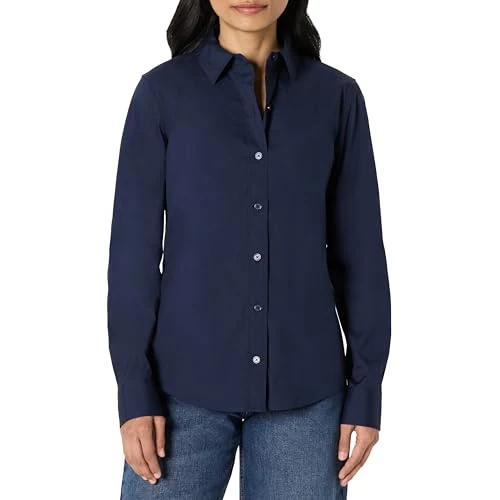 Amazon Essentials Women's Regular-Fit Stretch Poplin Button-Up Dress Shirt, Navy, XS