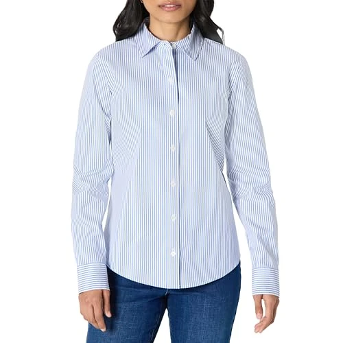 Amazon Essentials Camisa de Vestir con Botones de Popelina Elástica y de Corte Estándar Mujer, Blanco Azul Mini Rayas, XL