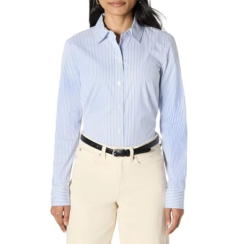 Amazon Essentials Camisa de Vestir Ajustada con Botones de Popelina Elástica Mujer, Blanco Azul Mini Rayas, M
